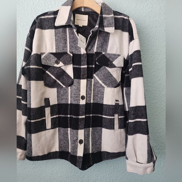 Thread and Supply shacket shirt jacket plaid front pockets size L black & cream - Picture 10 of 11